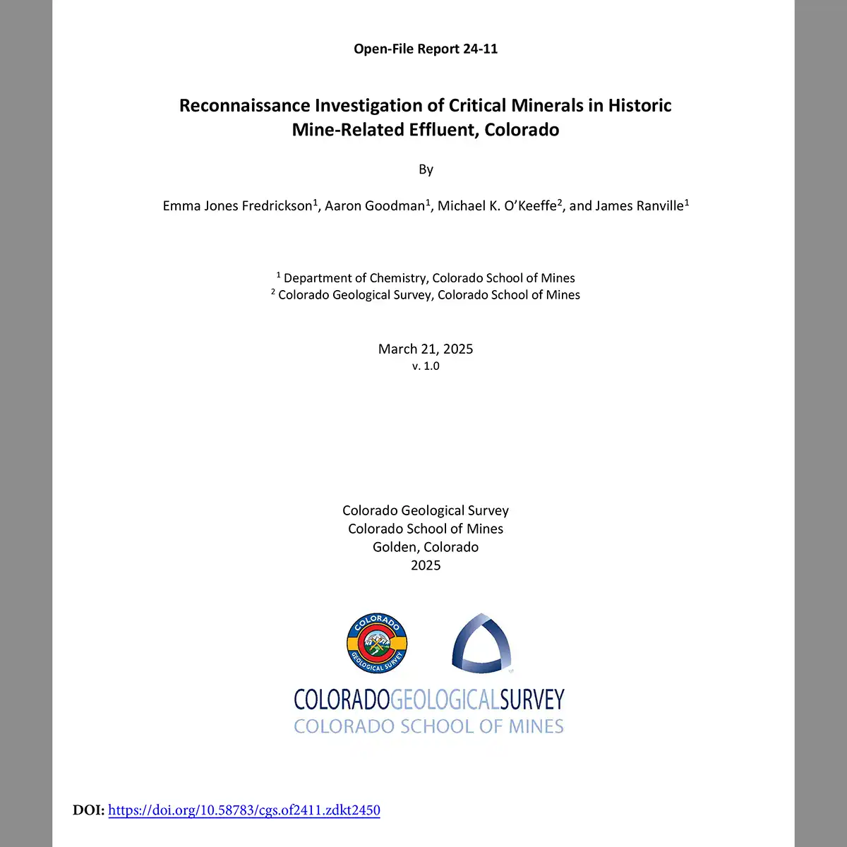 Cover page for OF-24-11 Reconnaissance investigation of critical minerals in historic mine-related effluent, Colorado