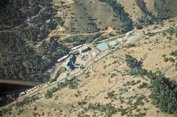 Aerial view of the Schwartzwalder (uranium) mine in 1993, Ralston Buttes Mining District, Jefferson County, Colorado. Photo credit: CGS.