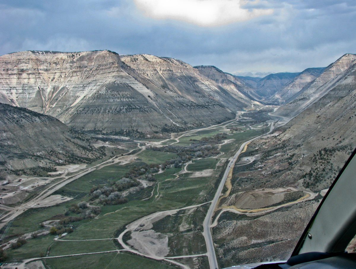 Aerial view of Piceance Creek, in Rio Blanco County, Colorado, lined with oil/gas well pads, 2008. Photo credit: CGS.