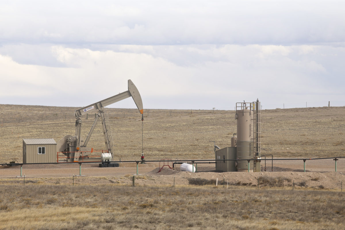 Oil well pumpjack, southwest of Grover, Weld County, Colorado, March 2018. Photo credit: Michael O'Keeffe for the CGS.