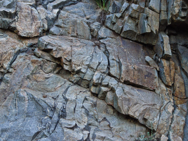Precambrian metamorphic rocks in Clear Creek Canyon near Blackhawk, Colorado: a detail of the small, tight folds that formed during an earlier period of folding then were later refolded. Photo credit: Vince Matthews for the CGS.