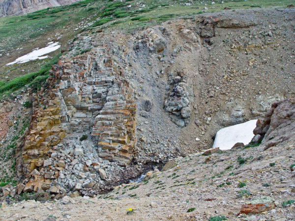 Horizontal columnar jointing in a dike in Horseshoe Cirque, Mosquito Range, Colorado. Photo credit: Vince Matthews for the CGS.