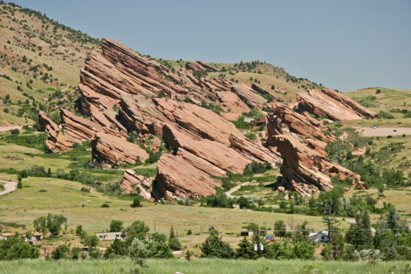 Red Rocks Park on the west side of Denver, Colorado. The red strata of the Pennsylvanian/Permian Fountain formation rests on Precambrian metamorphic rocks. Photo credit: Vince Matthews for the CGS.