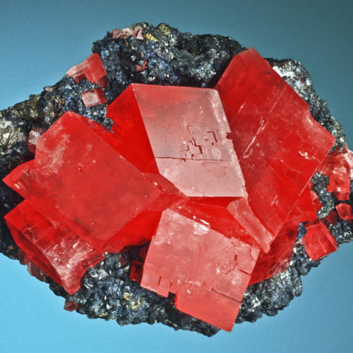 Rhodochrosite (red) on tetrahedrite (black) from the Sweet Home Mine, Alma, Park County, Colorado. Specimen provided by Dave Bunk. Photo credit: Jeff Scovil.