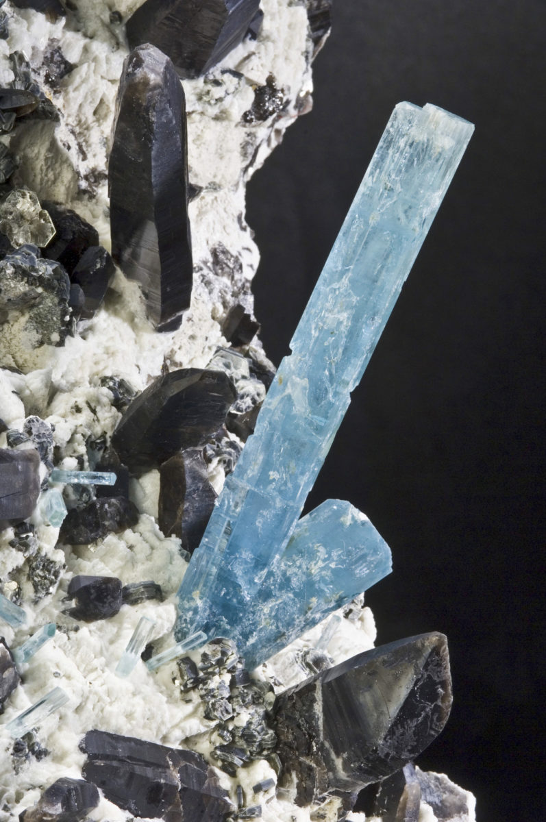 An aquamarine vug called Diane’s Pocket. Discovered in 2004 by prospector Steve Brancato at a claim site near the summit of Mount Antero in the Sawatch Range of central Colorado. The specimen measures 37 inches by 25 inches, and also contains white feldspar, silvery mica, and red garnets, and dozens of black quartz crystals. Photo credit: Scott Dressel-Mar.