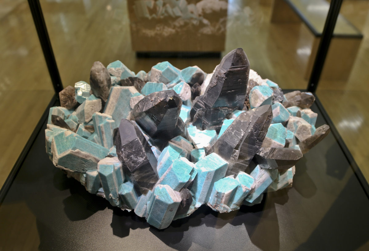 From the collection of the Mines Museum of Earth Science, "The Legend", amazonite (microcline), smoky quartz, clevelandite (albite), Pikes Peak Batholith, Teller County, Colorado. Photo credit: Ed Raines, for the MMES.