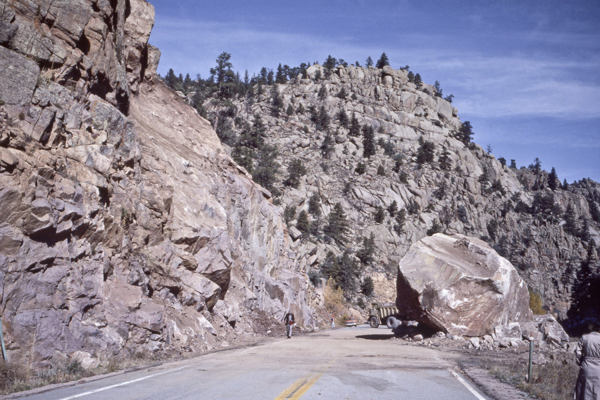 Major rockfall on Route 7 around the corner from the aptly named Coffintop Gulch, southwest of Lyons, Colorado, October 1982. Photo credit: Colorado Geological Survey.
