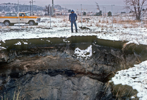 A major subsidence incident in April 1979 over the Klondike Mine, located in the Rockrimmon area of Colorado Springs, Photo credit: Bruce Stover for the CGS.