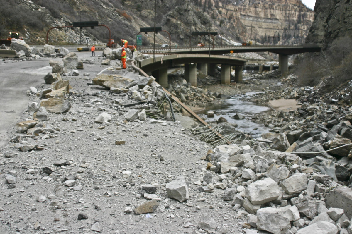 A major rockfall, approximately 1,500 yd3 (1100 m3), caused significant damage to Interstate-70 at mile-marker 125 in Glenwood Canyon, Colorado, Thanksgiving Day, November 2004. Photo credit: Colorado Department of Transportation.