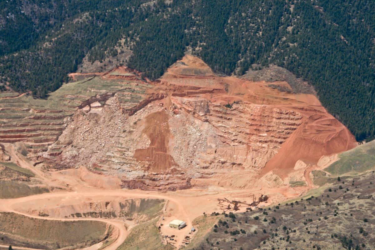 Aerial overview of an ongoing landslide in the now-shuttered Pikeview Quarry in El Paso County, Colorado, April 2010. Photo credit: T.C. Wait for the CGS.