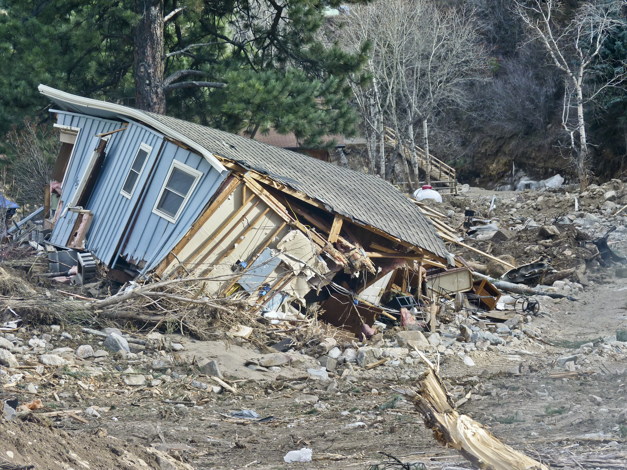 Debris flow damage in Jamestown, Colorado, November 2013. Photo credit: Jonathan White for the CGS.