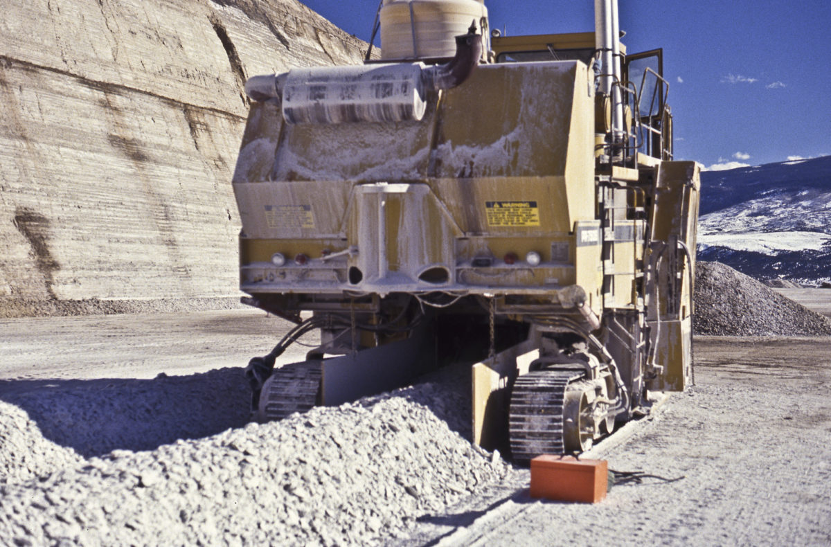 Pavement profiler used for mining at American Gypsum Mine—formerly Centex and before that, Eagle Gypsum Limited—supplying gypsum for their drywall plant in Gypsum, Colorado, February 1996. Photo credit: Colorado Geological Survey.