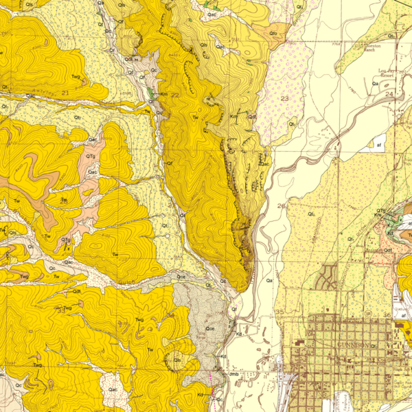 OF-06-04 Geologic Map of the Gunnison Quadrangle, Gunnison County, Colorado (detail)
