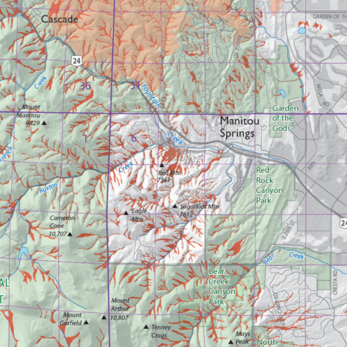 OF-18-11 Debris Flow Susceptibility Map of El Paso County, Colorado (detail)