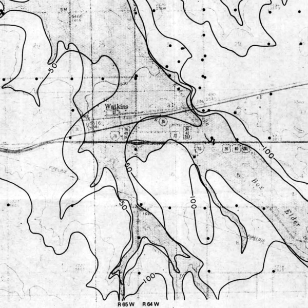 OF-78-06 Isopach Map of the Watkins Lignite Seam, Adams and Arapahoe Counties, Colorado and a Map Showing Extent of Alluvial Valley Floors and Overburden Thickness above the Watkins Lignite Seam, Adams and Arapahoe Counties, Colorado (detail)