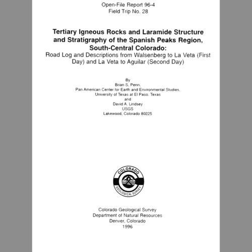 OF-96-04-28 Tertiary Igneous Rocks and Laramide Structure and Stratigraphy of the Spanish Peaks Region, South-Central Colorado: Road Log and Descriptions from Walsenburg to La Veta