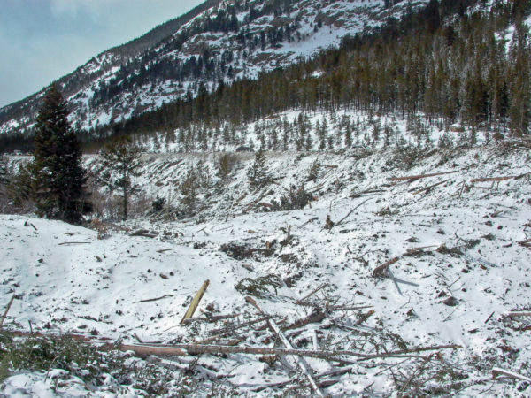The avalanche runout zone blocking the Clear Creek drainage, with Interstate-70 cars in the middle background. Photo credit: Colorado Geological Survey.