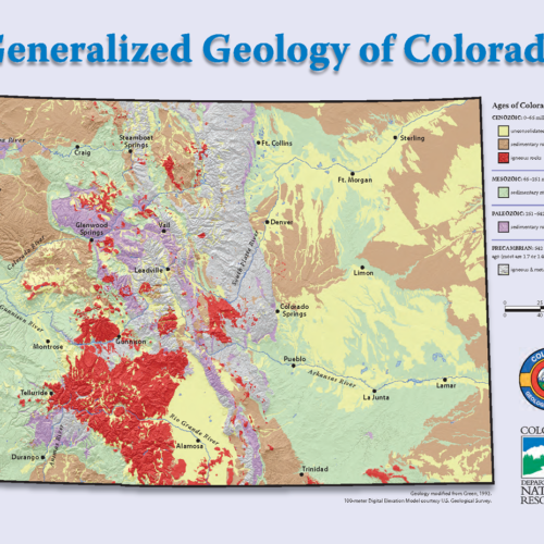 Free 8.5- x 11-inch map of Colorado geology (front) along with Geo-Whizology (back).