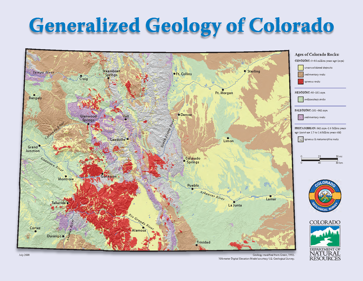 Free 8.5- x 11-inch map of Colorado geology (front) along with Geo-Whizology (back).