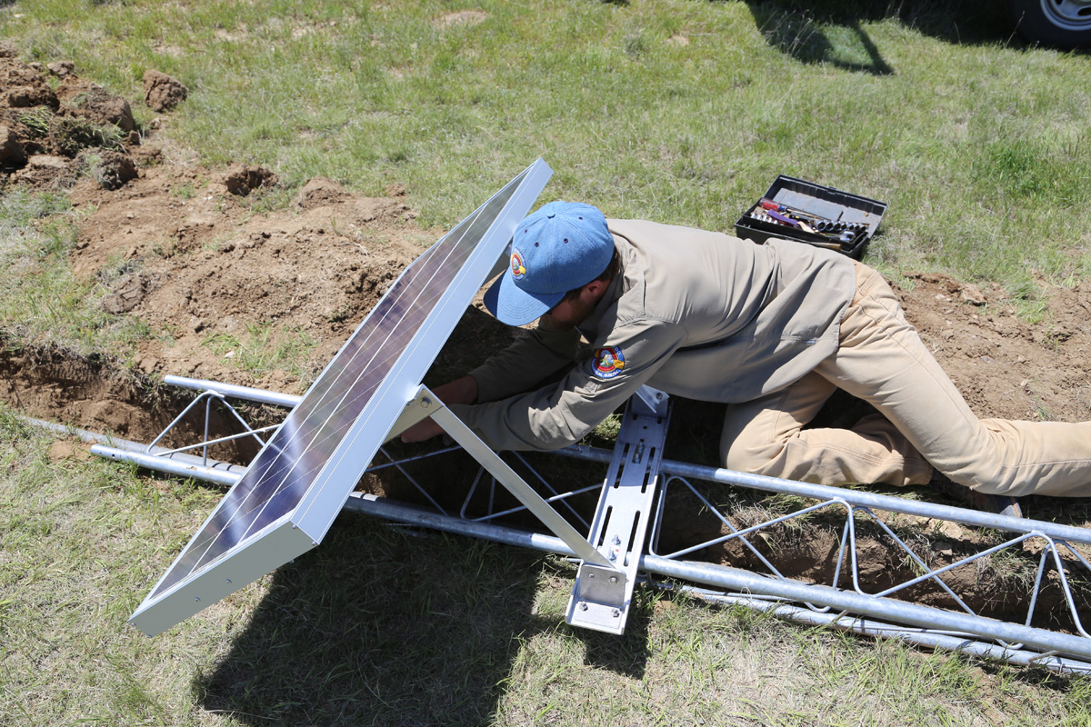 Assembling the PV power and data transmission tower, Briggsdale, Colorado, May 2016. Photo credit: F. Scot Fitzgerald for the CGS.