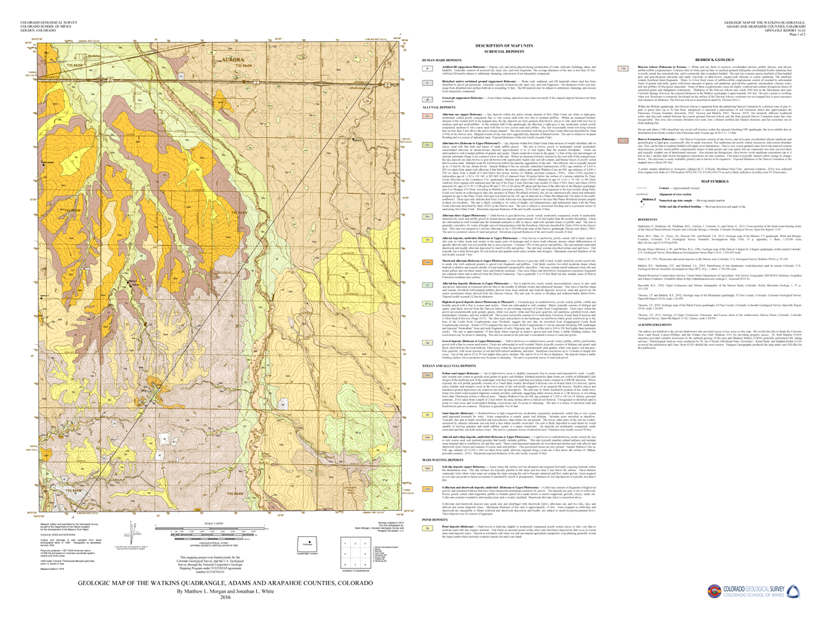 OF-16-02 Geologic Map of the Watkins Quadrangle, Arapahoe and Adams Counties, Colorado (Plate 1).