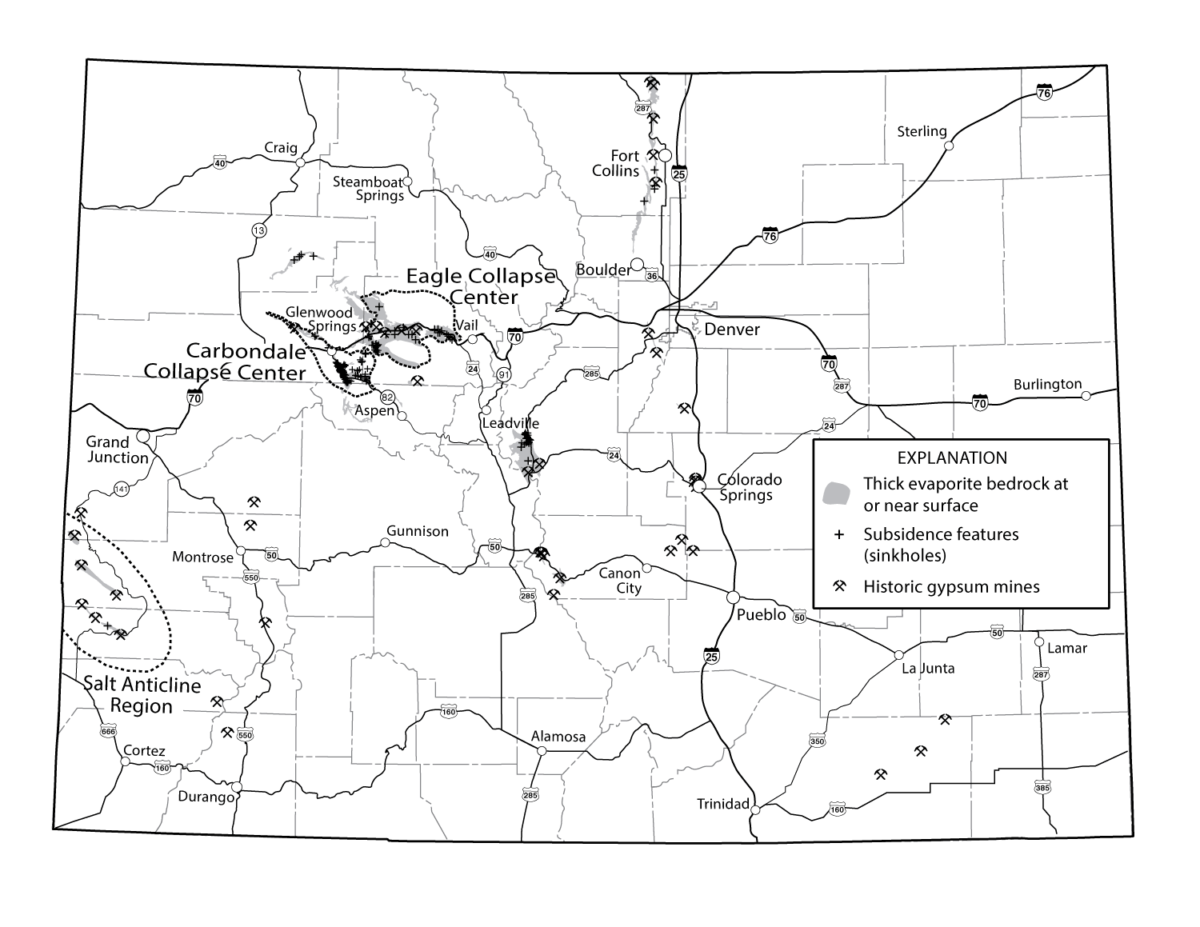 Figure 01. Evaporitic bedrock locations in Colorado. [Gypsum Mines from MI-07 Mineral and Water Resources of Colorado, 1968, P. 191; Geology modified from Tweto, 1979]