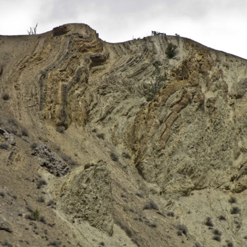 Figure 03. Highly contorted sedimentary strata in the evaporitic terrain between Gypsum and Glenwood Springs, Colorado, seen along the I-70 corridor, April 2012. Photo credit: Jon White for the CGS.