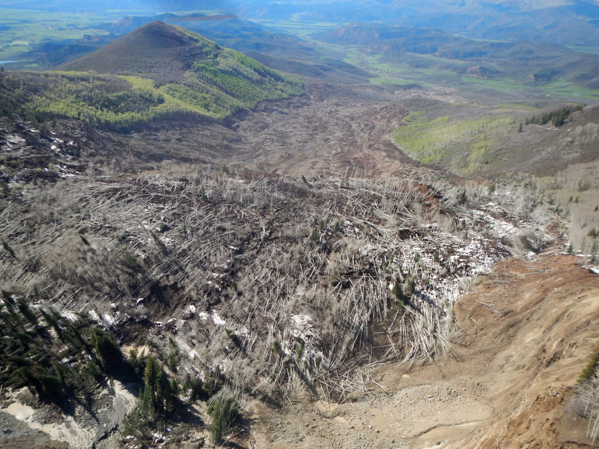 Looking down the West Salt Creek rock avalanche from the head scarp. Mesa County, Colorado, May 2014. Photo credit: Colorado Geological Survey.