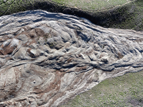 Near vertical view of the initial end point of the West Salt Creek rock avalanche (flow direction from left to right), Mesa County, Colorado, May 2014. Photo credit: The CGS.