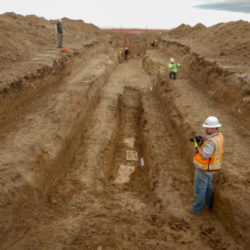 The end result of the current trenching on the Cheraw fault, near Arlington, Colorado, April 2019. Photo credit: Matt Morgan for the CGS.