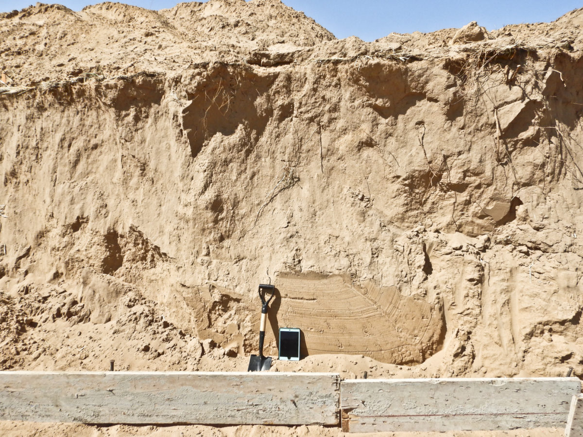 A section of eolian sand at a construction excavation in the southern part of the La Salle quad, Weld County, Colorado, July 2018. Eolian deposits, composed of sand and/or loess, comprise the surface deposits of much of Eastern Colorado. Photo credit: Martin Palkovic for the CGS.