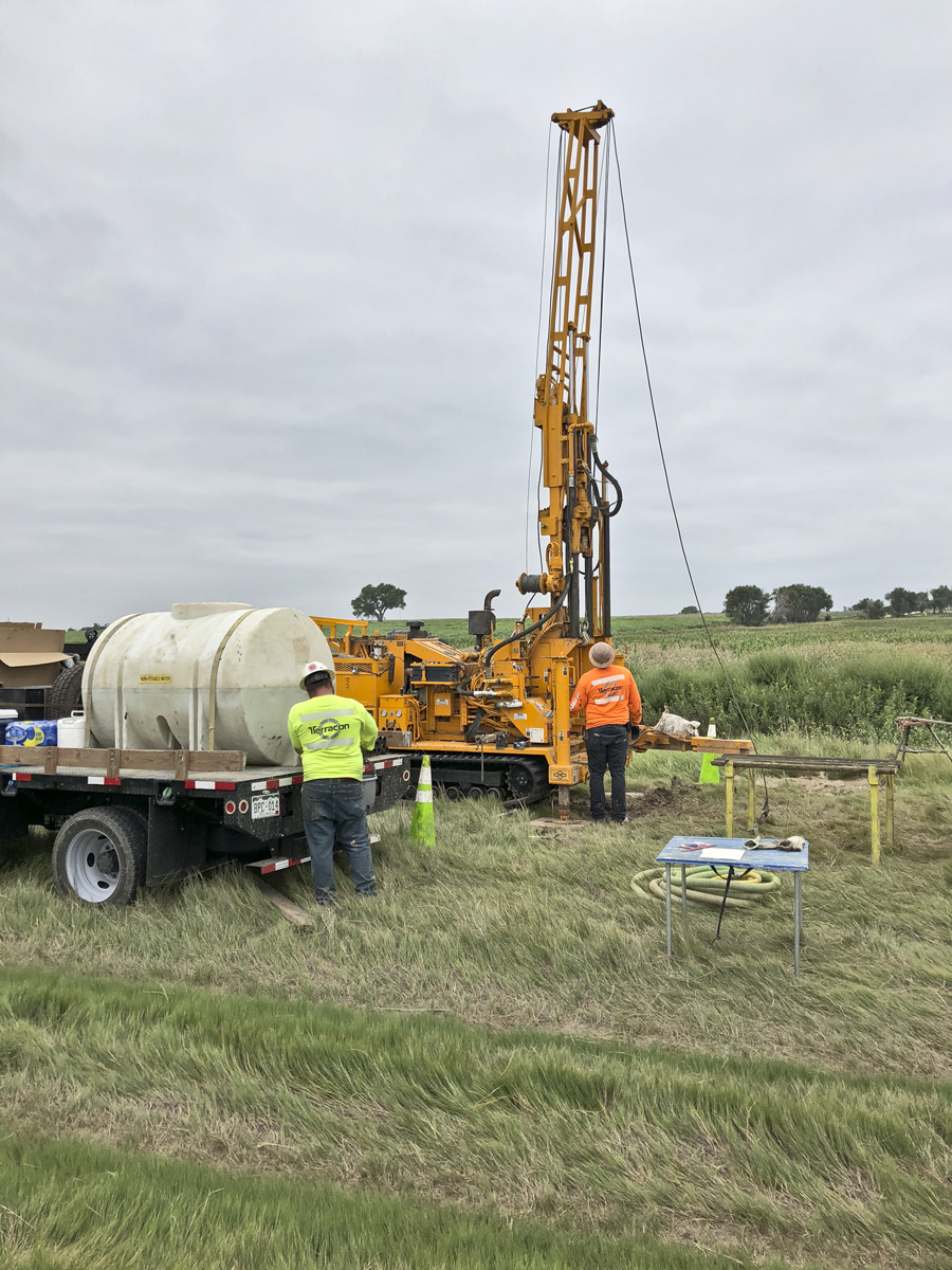 Most specific information on groundwater comes from the process of drilling and logging water or oil and gas wells. Here, a CGS contractor drills a shallow exploratory well in the lower Arkansas River Basin area in Prowers County, August 2018. The cores of sediment and bedrock retrieved provide crucial data about the nature of the local groundwater aquifer. Photo credit: Martin Palkovic for the CGS.