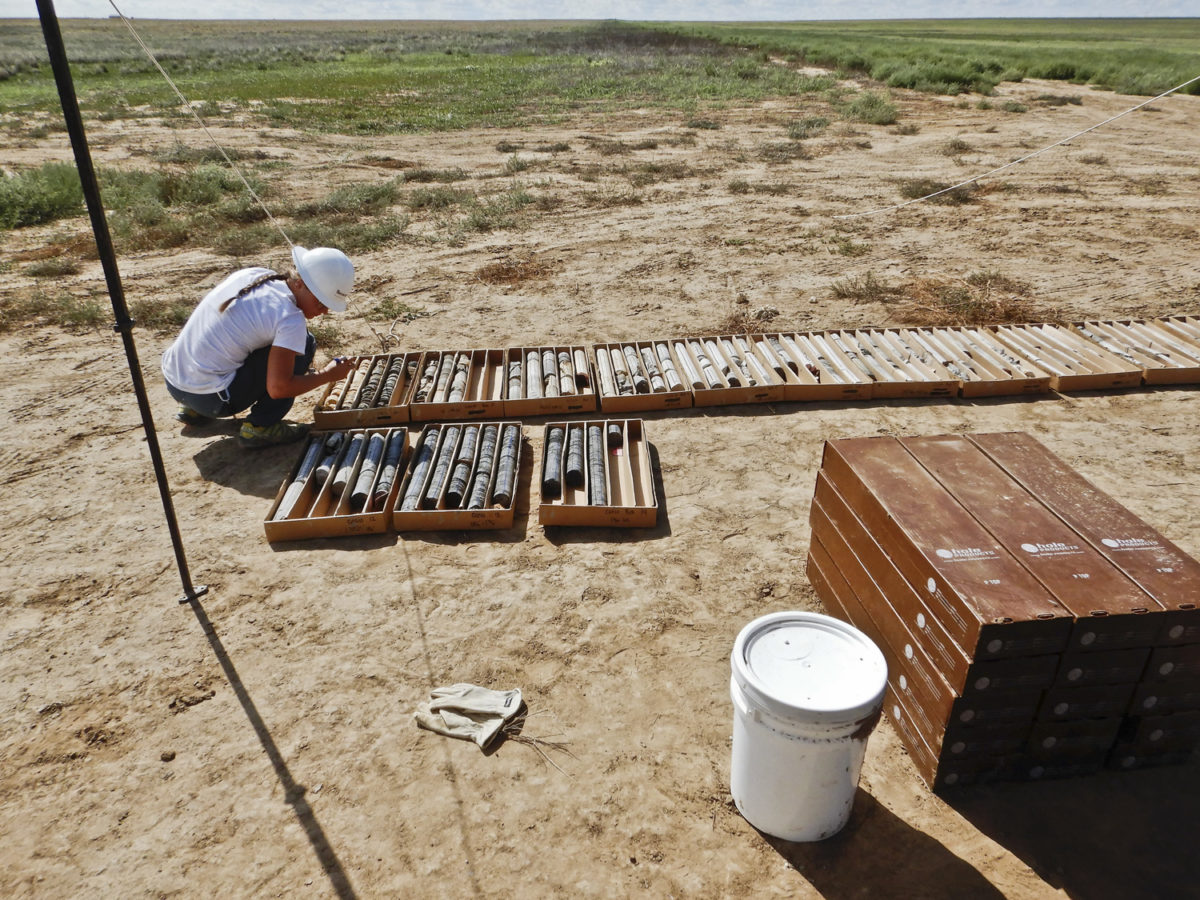 Geologist Lauren Broes logging the core samples at the lower Arkansas River Basin well site in Prowers County, August 2018. Photo credit: Martin Palkovic for the CGS.