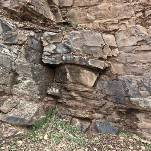 An exposure of the Triassic Dolores Formation in a road cut on the east side of the Lemon Reservoir dam on the Florida River in La Plata County, Colorado, May 2019. Beds are dipping south along the Hogback Monocline that separates the San Juan Basin to the south from the San Juan Dome to the north. Here the fluvial sediments consist of interbedded sandstone, siltstone, and mudstone with sandstone dominating. Although not recognized as a major aquifer the sandstone can carry groundwater and at this location water is seeping out through fractures. Photo credit: Peter Barkmann for the CGS.