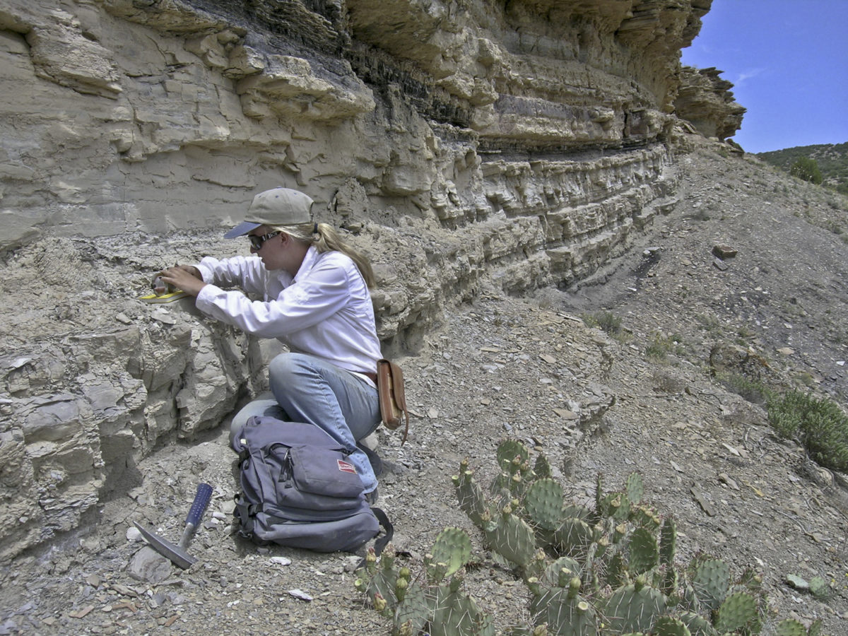 Field assistant, Shannon Townley takes a strike and dip reading near a prickly pear cactus (Opuntia polyacantha) at a Dakota sandstone/shale outcrop in Delta County, Colorado, June 2007. Photo credit: David Noe for the CGS.