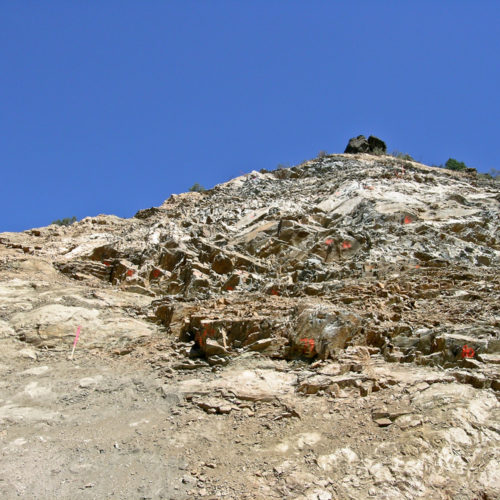 By August 2005, the entire rock slope had been laid back to 45 degrees along with the installation of stability-enhancing rock reinforcement anchors. Photo credit: Vince Matthews for the CGS.
