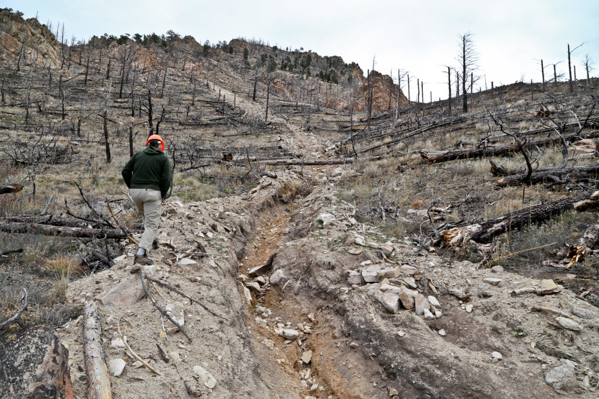 Post-wildfire debris flow from the “1,000-year rain event” in September near Jamestown, Colorado, November 2013. Photo credit: Jon White for the CGS.
