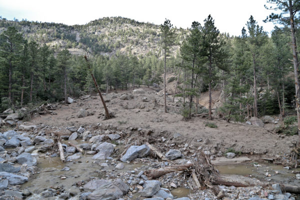 Debris fan exiting from gulch, truncated by Left Hand Creek, Boulder County, November 2013. Photo credit: Jon White for the CGS.
