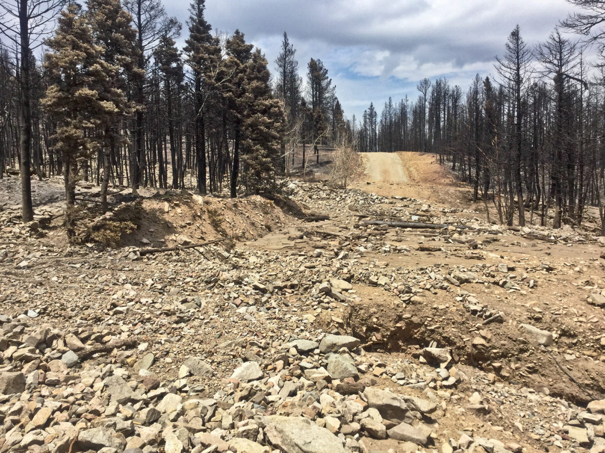 Post-wildfire debris flow deposit, Paradise Acres, Huerfano County, Colorado, August 2018. Photo credit: Kevin McCoy for the CGS.