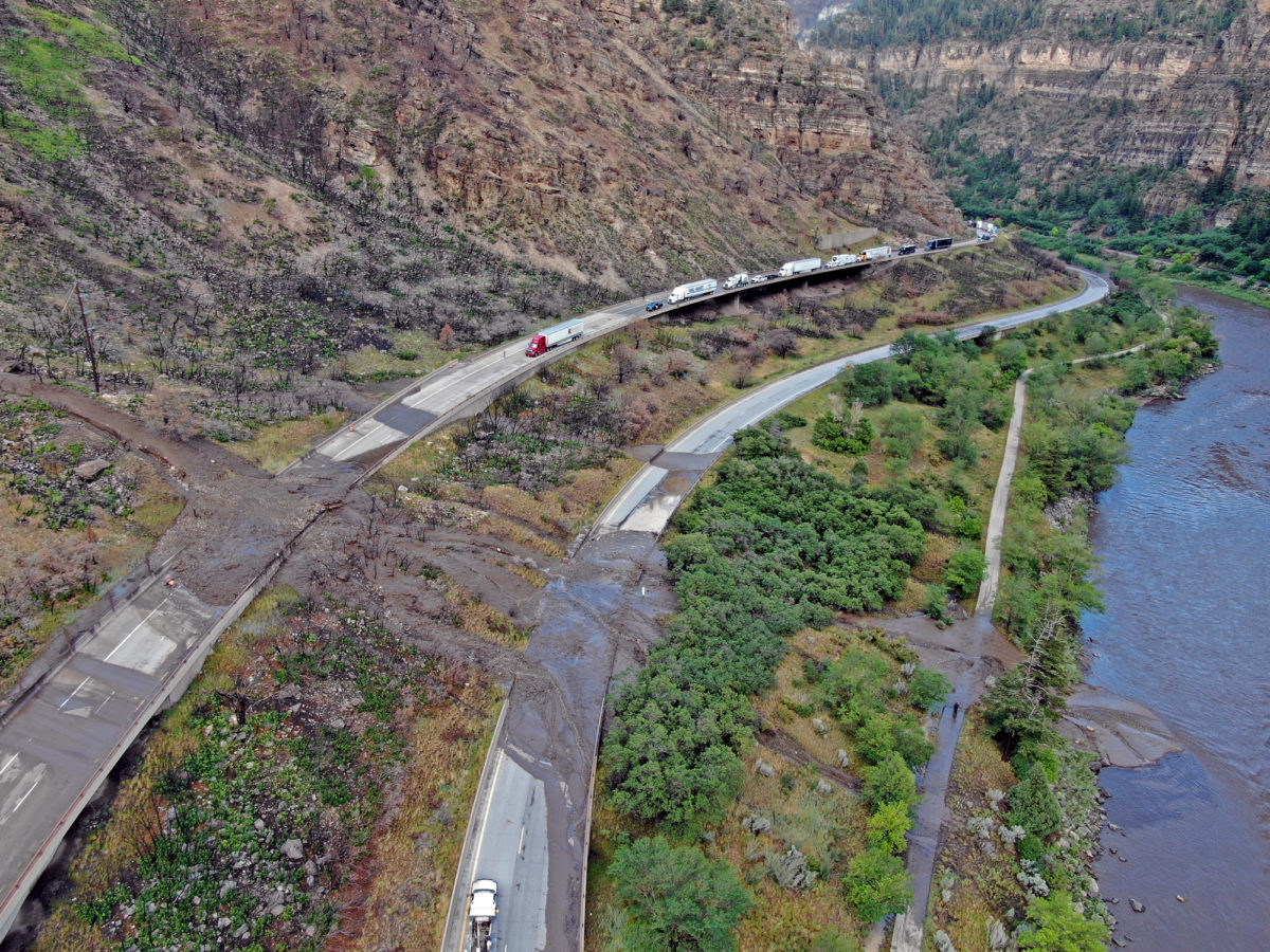 Post-wildfire mudslide blocking I-70 in Glenwood Canyon, in the area damaged by the 2020 Grizzly Creek fire, June 2021. Photo credit: CDOT.