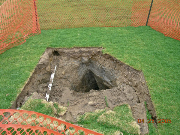 One of the several subsidence features in the IM field at the Colorado School of Mines in 2005. Photo credit: T. C. Wait for the CGS.