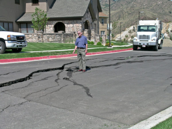 Subsidence road damage near one of the sorority houses at CSM in August 2005. Photo credit: T. C. Wait for the CGS.