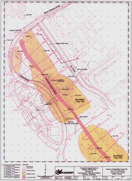 Figure from DC resistivity report from 2009 detailing some of the infrastructure, mining, and geological features of the area experiencing the mining-related subsidence on the Mines campus. Graphics credit: Zapata/Blackhawk.