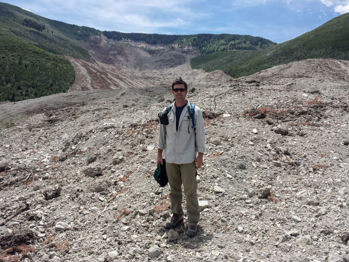 On the lower reaches of the West Salt Creek landslide, Mesa County, Colorado, June 2014. Photo credit: Jon White for the CGS.