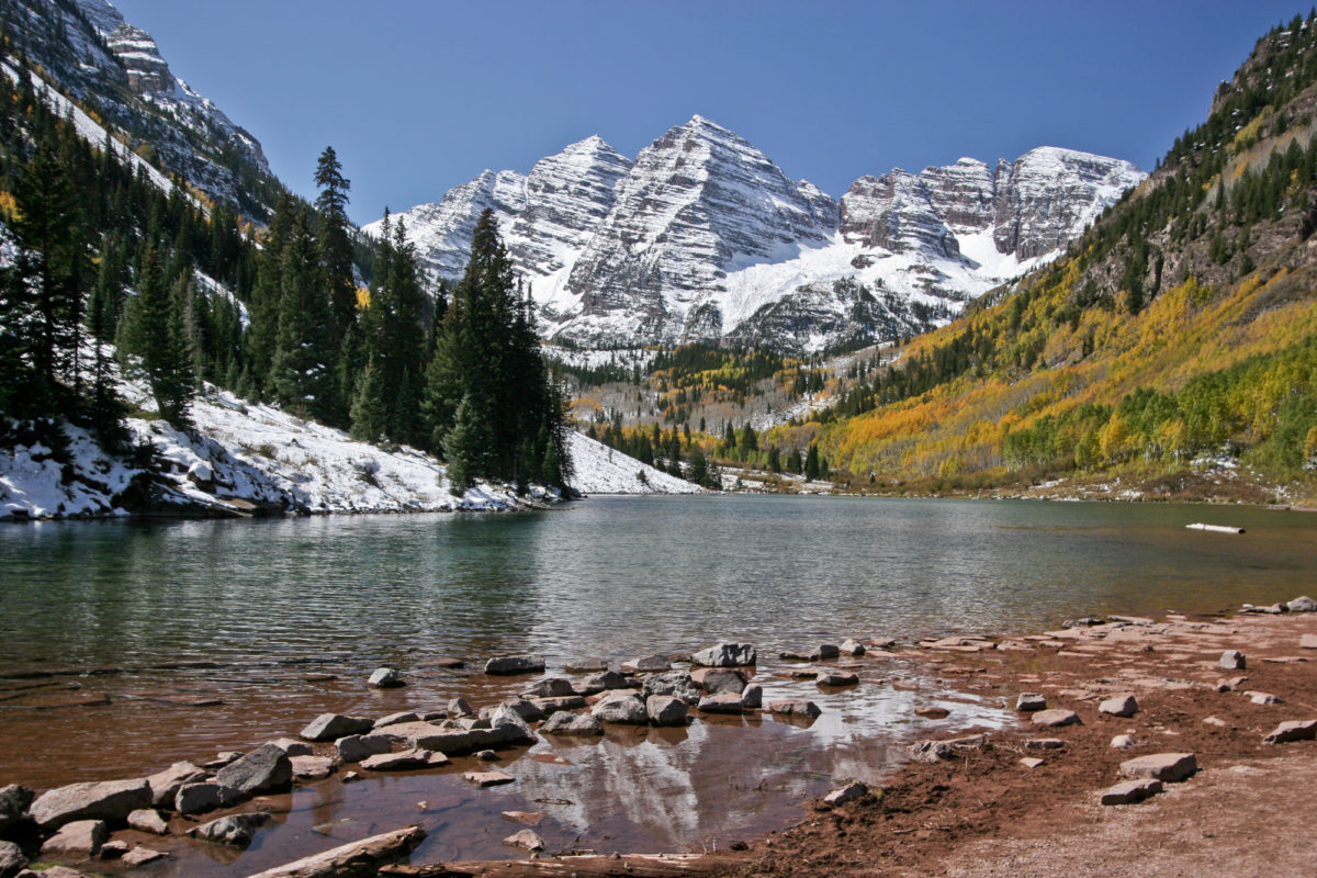 The famous Maroon Bells, southwest of Aspen, Colorado, are composed of Maroon Formation mudstone. Photo credit: Vince Matthews for the CGS.