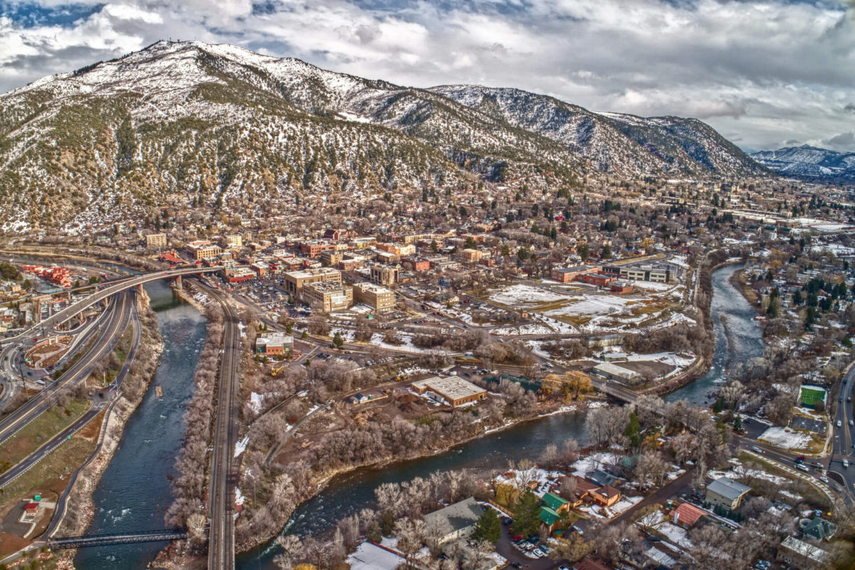 Aerial view of Glenwood Springs, with the Colorado River on the left, and the Roaring Fork River to the right.