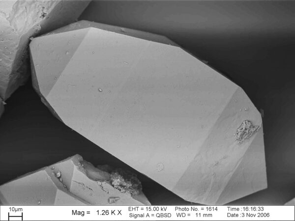 A single zircon crystal, exhibiting classic ditetragonal dipyramidal form, through a scanning electron microscope. Photo credit: Gunnar Ries, Wikimedia Commons.