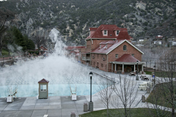 Glenwood Hot Springs source was known to the local Ute tribe who called it Yampah (big medicine). It is now one of the most popular hot spring resorts in the state. Glenwood Springs, Colorado, March 2007. Photo credit: Vince Matthews for the CGS.